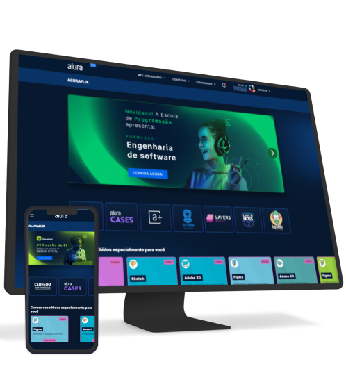 Um monitor e celular com imagem do alura plus